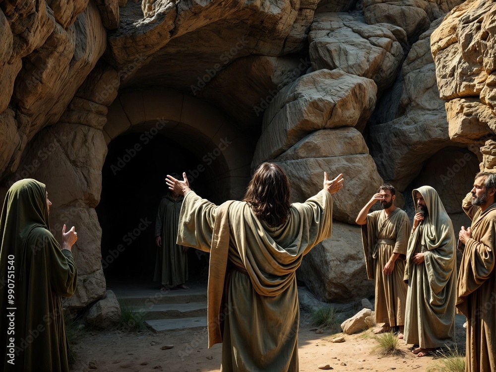 Jesus raising Lazarus from the dead; Mary and Martha want Lazarus back