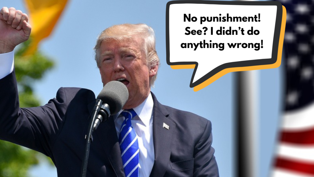 Donald Trump speaking in front of a microphone; speech bubble added with him saying he didn't do anything wrong